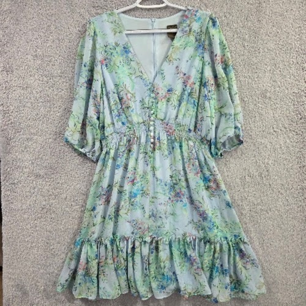 Taylor Floral V-Neck Smocked Waist Chiffon Dress Women's 14 Blue Green Ruffle